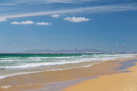 Kiteboarding kitesurfing kiteboarder kitesurfer kites on the Atlantic ocean beach at Fonte da Telha beach