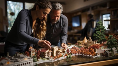 Architects working together assembling A small scale model housing developement on the table. generative AI