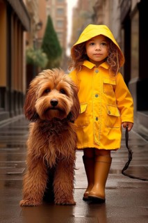 Pretty three years old girl wearing a yellow raincoat walking with a Labradoodle in an urban environment