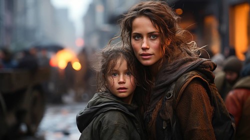 Frightened mother and young child daughter running in the streets of their war ravaged city. generative AI