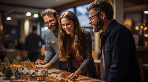 Real estate agent discussing with a young adult couple A new housing development model on the table in front of them. generative AI