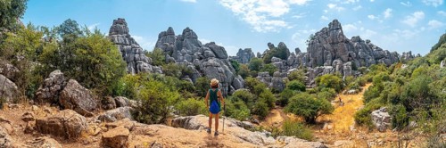 Panoramic of stones with beautiful shapes in the Torcal de Antequera on the green trail