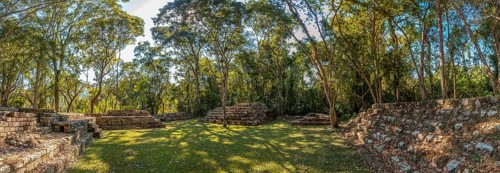 Panoramic in the temples under the trees in Copan Ruinas. Honduras