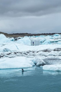 A seal and a young man paddle surfing on Jokulsarlon Ice Lake in the Golden Circle of southern Iceland
