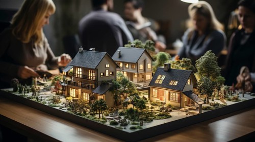 Small scale model of a housing developement design on the table in A real estate office. generative AI