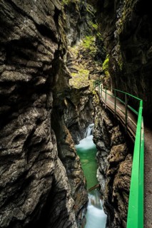 The Breitachklamm gorge with the Breitach river in autumn at a narrow point. High rock walls on both sides