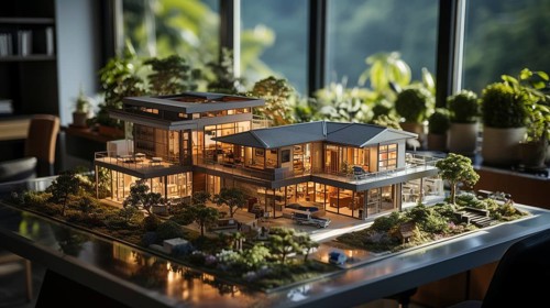 Small scale model of a contemporary house design on the table in A real estate office. generative AI