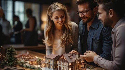 Real estate agent discussing with a young adult couple A new housing development model on the table in front of them. generative AI