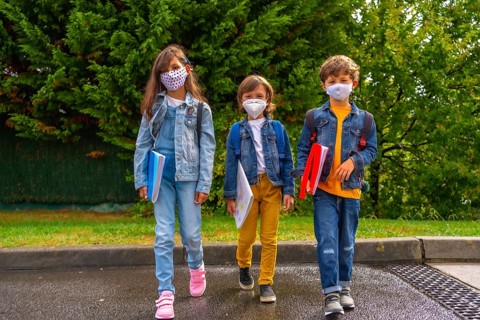 Three brothers with face masks ready to go back to school. New normality