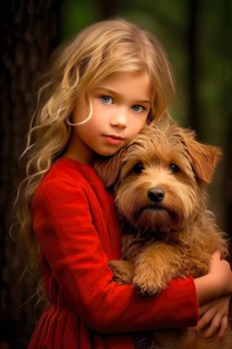 Pretty eight years old girl with long blond hair and red dress holding a Labradoodle in her arms
