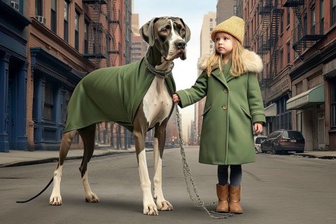 Three years old girl wearing green winter clothes leading on a leash a huge Great Dane in an urban environment