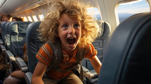 Irate child causing mayhem on an airplane bothering everyone on board. generative AI