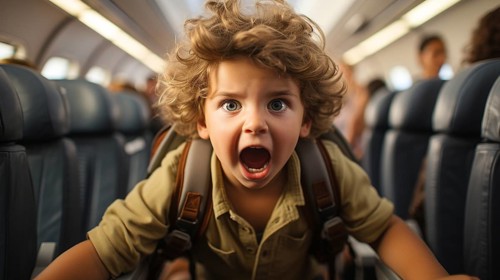 Irate child causing mayhem on an airplane bothering everyone on board. generative AI