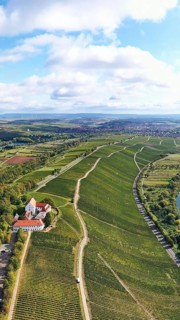 The Mainschleife near Volkach winds through the valley and is surrounded by fields and vineyards. Volkach
