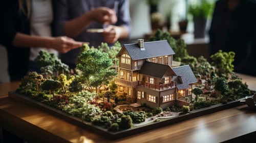 Small scale model of a contemporary house design on the table in A real estate office. generative AI