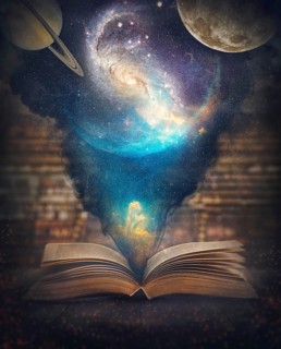 The world and universe inside a book surreal background. Educational and science concept with a magical open textbook casting a cosmic scene with galaxies
