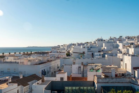 Aerial view at sunset in Conil de la Frontera from the Torre de Guzman