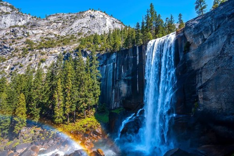 Detail of the rainbow at the Vernal Falls waterfall in Yosemite National Park. California