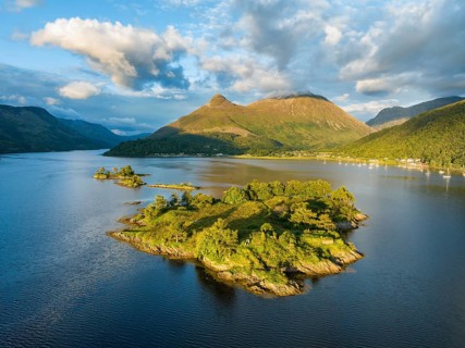 Aerial view of the western part of Loch Leven with the historic island of Eilean Munde