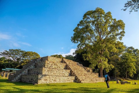 A young man watching A Mayan pyramid at The Copan Ruins temples. Honduras
