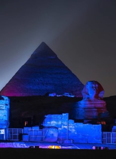 Sound and light show at the beautiful pyramids and sphinx of Giza. Night in the city of Cairo. Africa