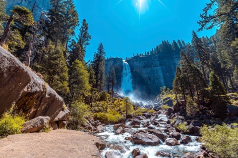 Landscape of Vernal Falls from the bottom one summer morning. California