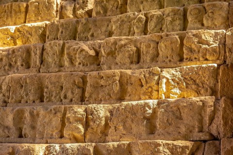 Detail of the stairs full of drawings of the temples of Copan Ruinas. Honduras