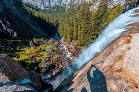 The strong water that comes down from the Vernal Falls waterfall. California