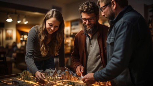 Real estate agent discussing with a young adult couple A new housing development model on the table in front of them. generative AI