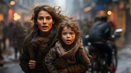 Frightened mother and young child daughter running in the streets of their war ravaged city. generative AI