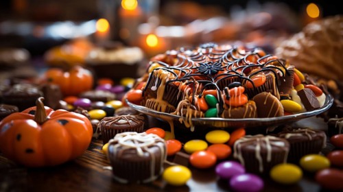 Variety of halloween candy treats on A table. generative AI