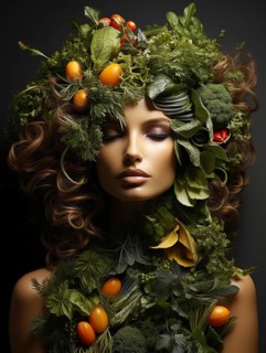 Headshot portrait of healthy woman surrounded by and partially made of fruits and vegetables