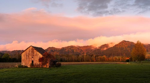 Landscape in the Allgaeu at sunset in autumn. View of the Adelegg mountain landscape