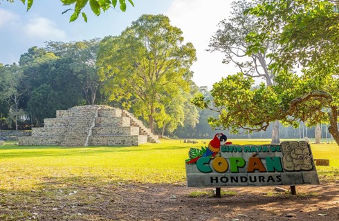 Panoramic view of the Mayan pyramids in The temples of Copan Ruinas and their natural environment. Honduras