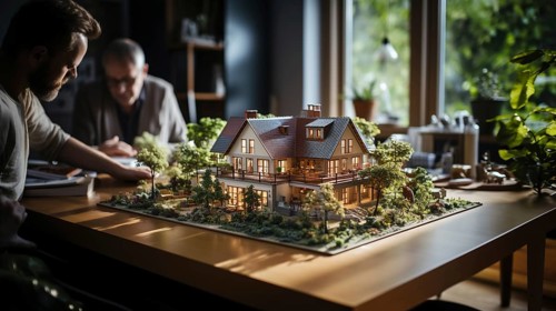 Small scale model of a contemporary house design on the table in A real estate office. generative AI