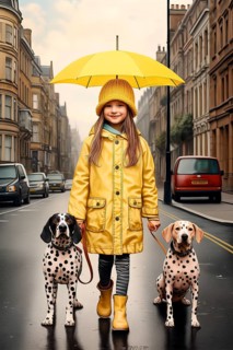 Eight years old girl wearing a yellow raincoat and hat walking in a street side by side with two Dalmatian dogs