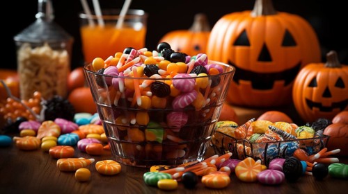 Pumpkins and halloween candy treats on A table. generative AI