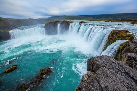 The impressive Godafoss waterfall from below. Iceland
