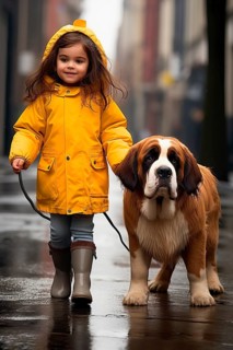 Eight years old girl wearing a yellow raincoat and hat walking in a street side by side with a huge Saint Bernadin dog