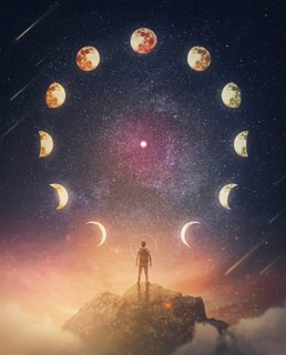 Lunar eclipse and moon phases circle on the night sky and a curious person watching the mysterious phenomena. Astrological signs annual calendar