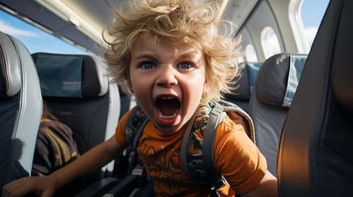 Irate child causing mayhem on an airplane bothering everyone on board. generative AI