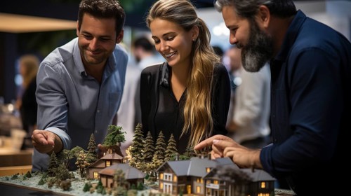 Real estate agent discussing with a young adult couple A new housing development model on the table in front of them. generative AI