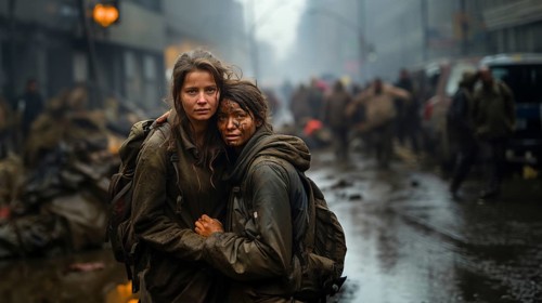 Frightened sisters embrace in the streets of their war ravaged city. generative AI