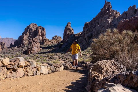 A tourist walking next to the Roques de Gracia and the Roque Cinchado in the natural area of Teide in Tenerife