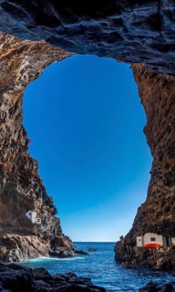 Panoramic view from the spectacular interior of the cave of the town of Poris de Candelaria on the north-west coast of the island of La Palma