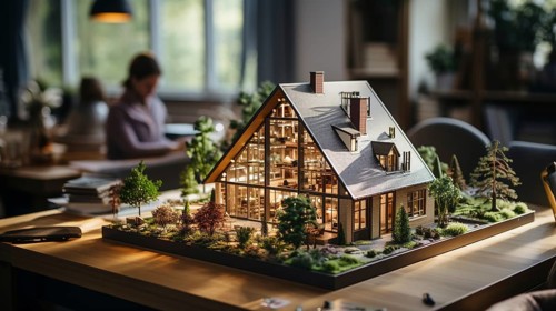 Small scale model of a contemporary house design on the table in A real estate office. generative AI