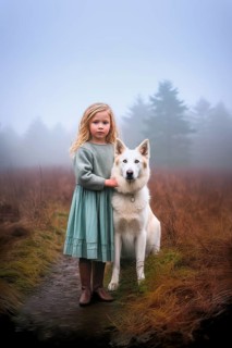 Pretty six years old girl with a green dress standing near a huge Swiss White Shepherd dog sitting in an autumnal foggy forest