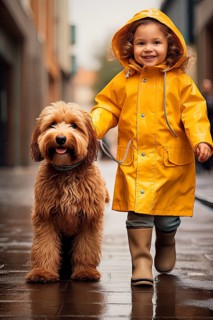 Pretty three years old girl wearing a yellow raincoat walking with a Labradoodle in an urban environment