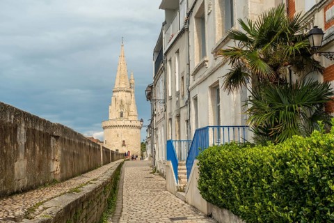 The Lantern Tower of La Rochelle in the medieval old town. La Rochelle is a coastal city in southwestern France