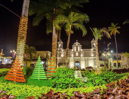 The beautiful church at night from Copan Ruinas from the square. Honduras